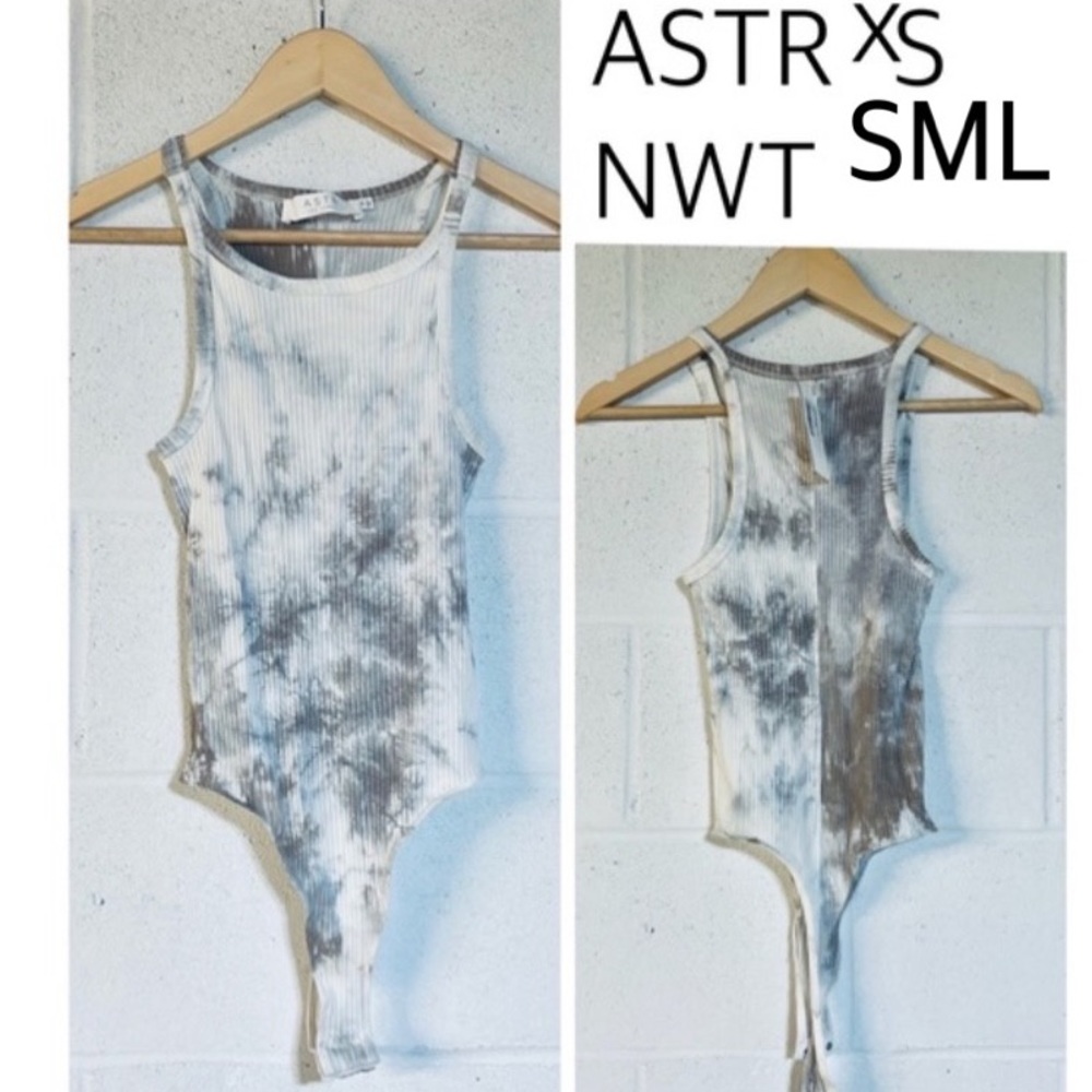 NWT SML ASTR label form fitting thong bodysuit grey white contemporary tie dye